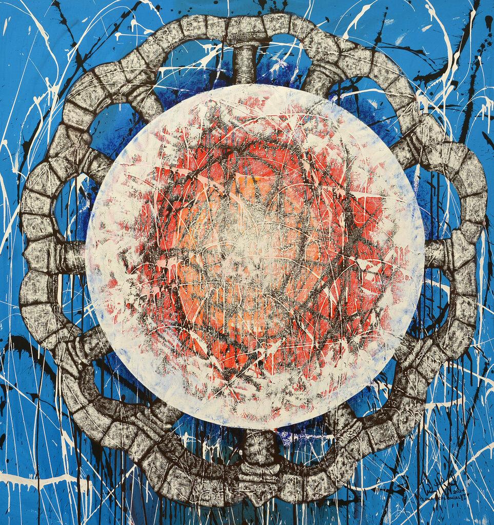 "Coloni Moon" 2024 pittura acrilica su tela 60x60in figurativa astratta a goccia