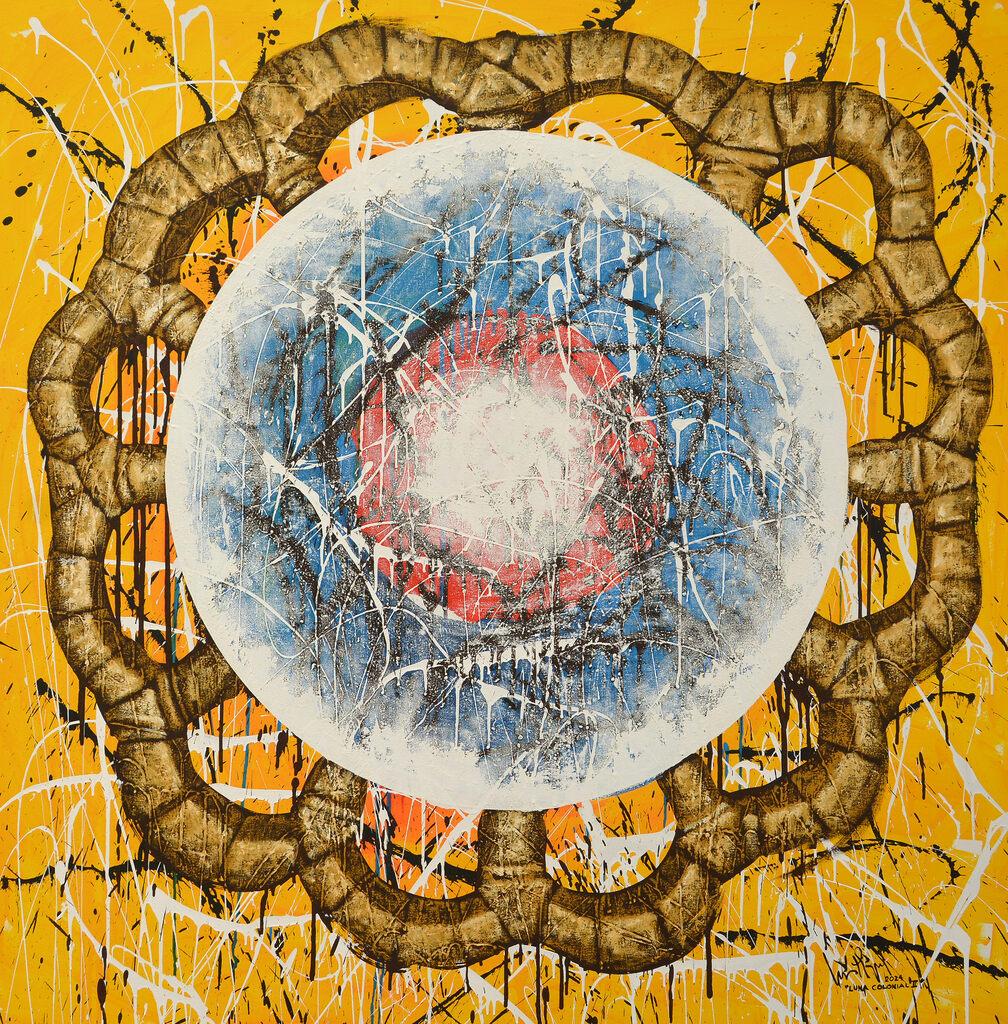 "Luna colonial" 2024 pintura acrílica sobre lienzo 60x60in figurativo abstracto goteo