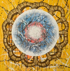 "Luna colonial" 2024 pintura acrílica sobre lienzo 60x60in figurativo abstracto goteo