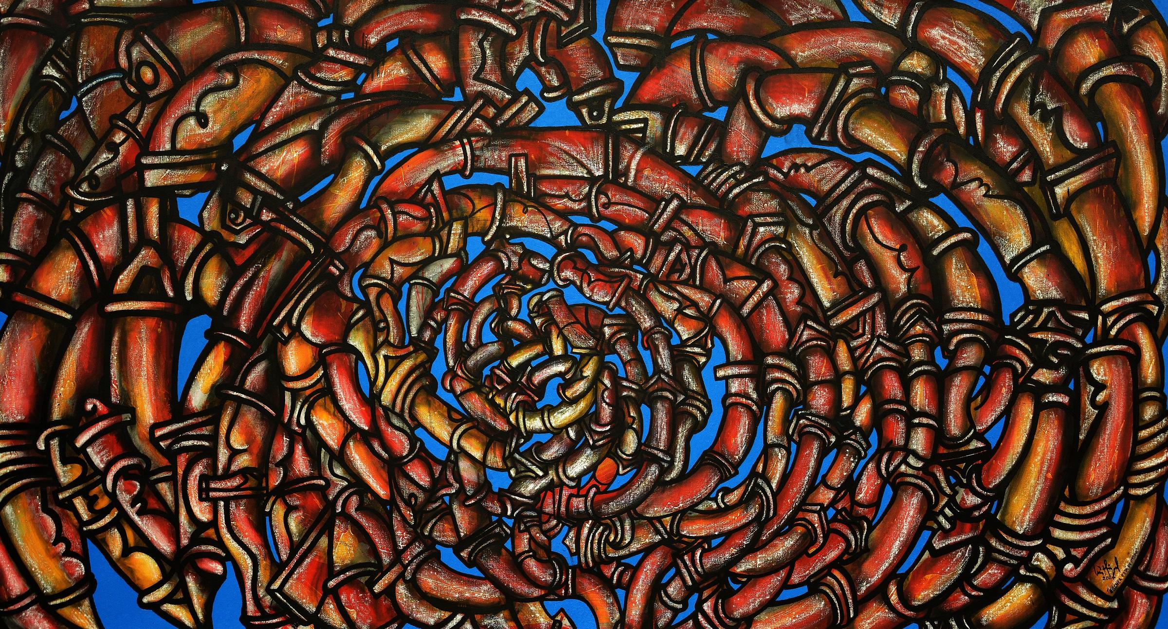 Figurative Painting de Luis Miguel Valdes  - "Escher is Trending" 2024 pintura al óleo acrílico sobre lienzo 57x116 pulg. figurativa