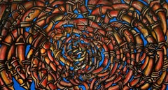 "Escher is Trending" 2024 pintura al óleo acrílico sobre lienzo 57x116 pulg. figurativa