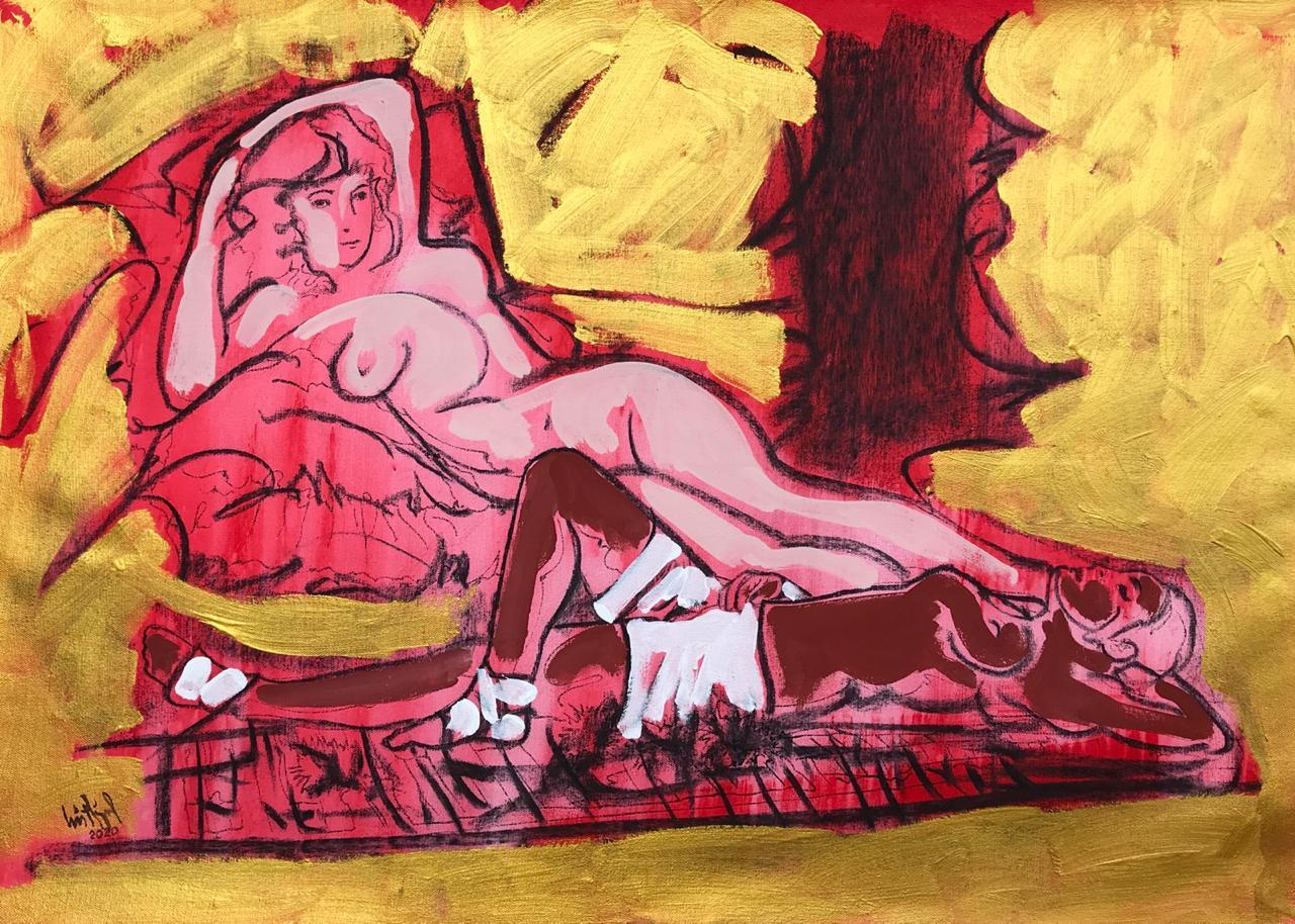 Luis Miguel Valdes  Abstract Painting – Luis Miguel Valdés ¨Maja y Fama III¨,2020, Acryl, 23,6x35,4 in