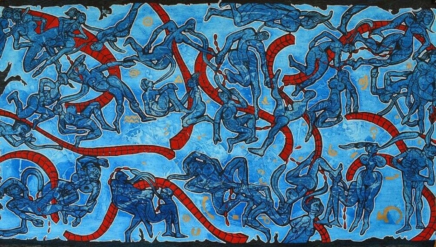 Luis Miguel Valdés ¨La Lengua Castellana (Blue)¨, 2015, Woodcut, 47.2x84.6 in
