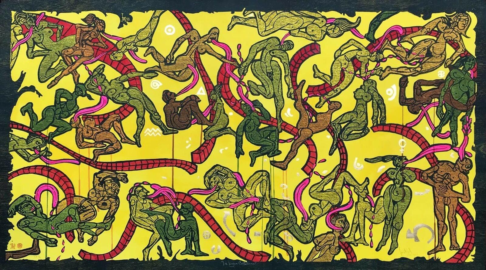Luis Miguel Valdes  Figurative Print - Luis Miguel Valdés ¨La Lengua Castellana (Yellow)¨, 2015, Woodcut, 47.2x84.6 in