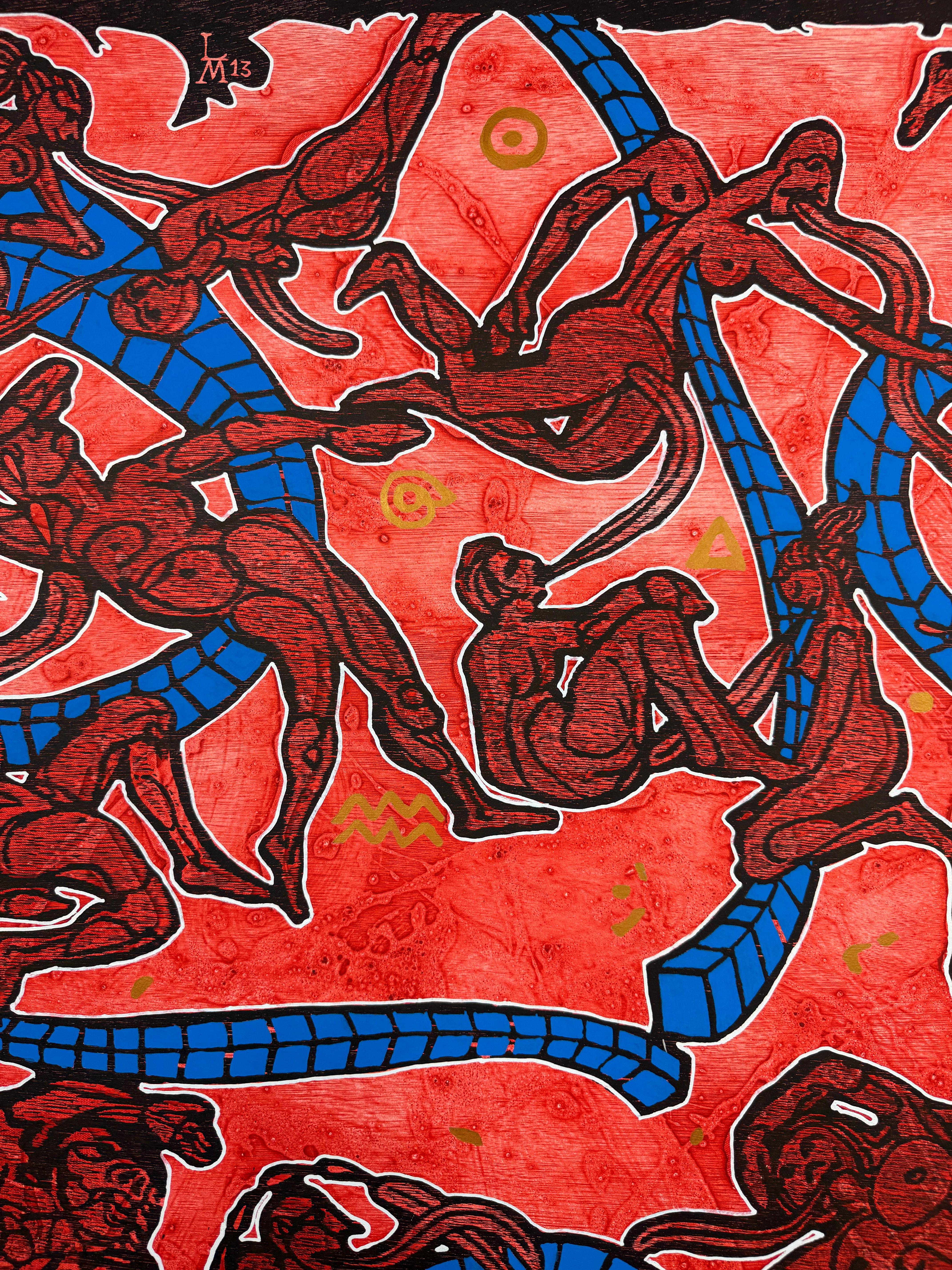 « La Lengua Castellana » ( langue/langue espagnole) aquarelle sur bois rouge avec vidéo - Contemporain Print par Luis Miguel Valdes 
