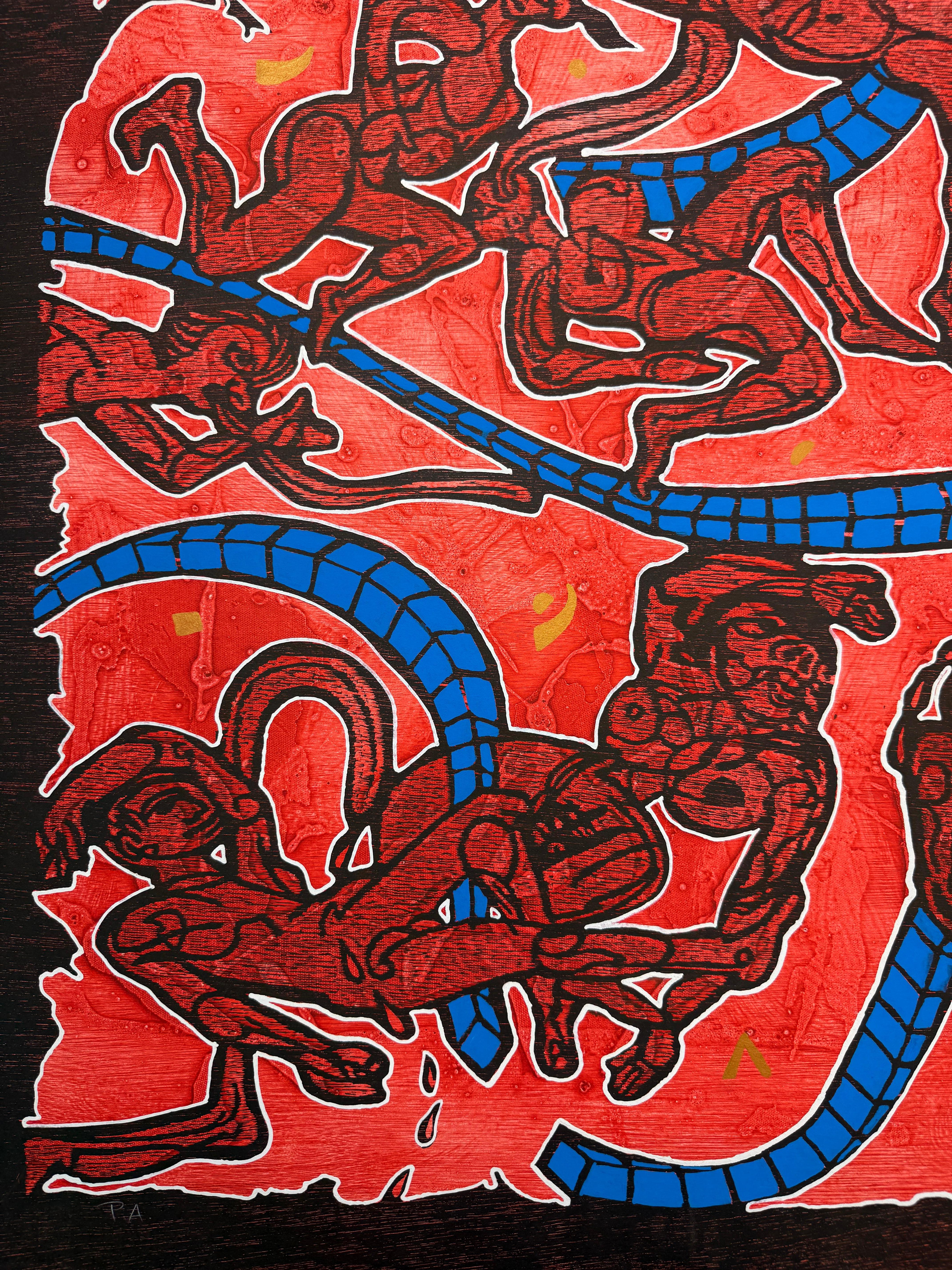 « La Lengua Castellana » ( langue/langue espagnole) aquarelle sur bois rouge avec vidéo en vente 1