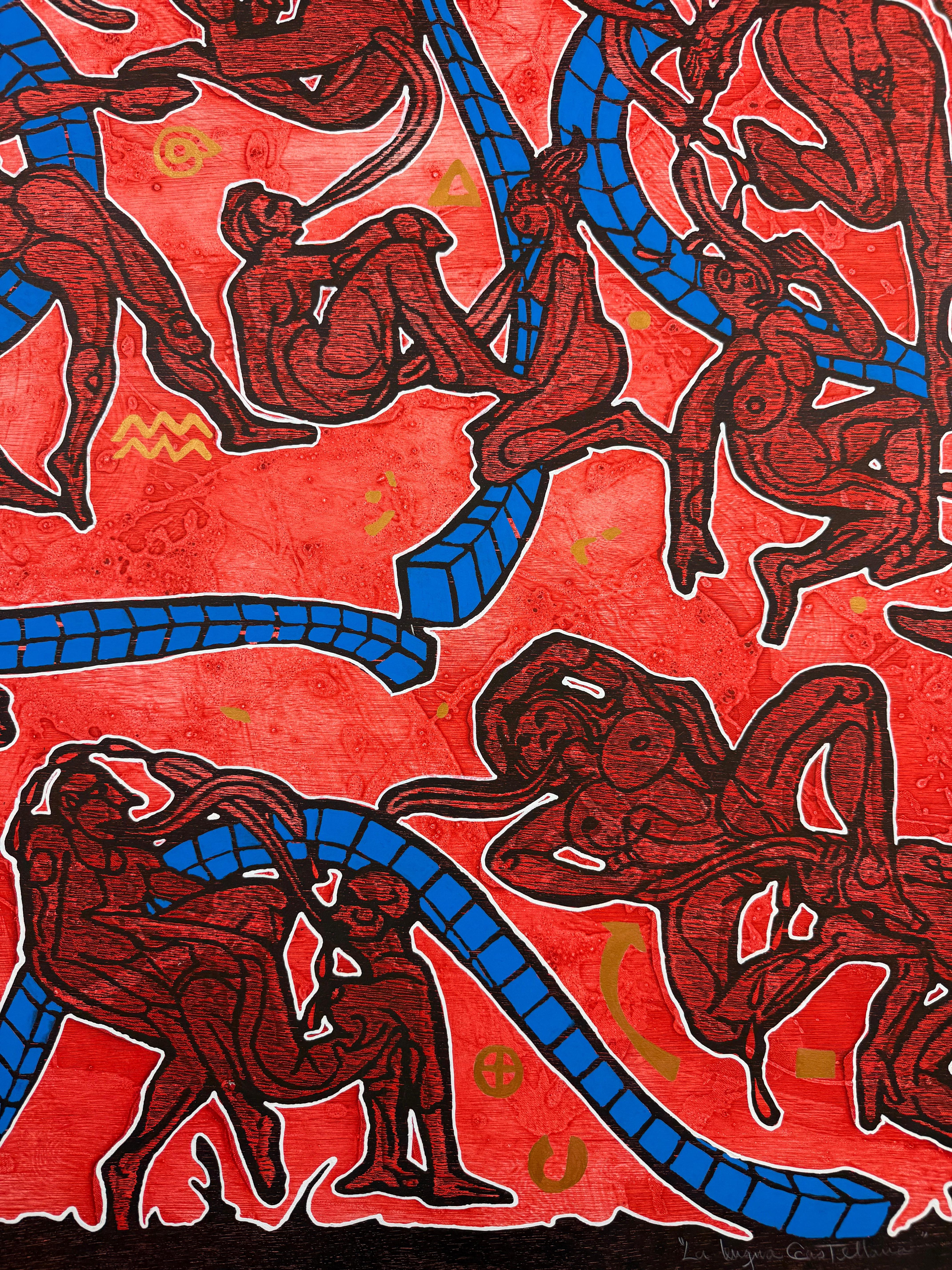 « La Lengua Castellana » ( langue/langue espagnole) aquarelle sur bois rouge avec vidéo en vente 2