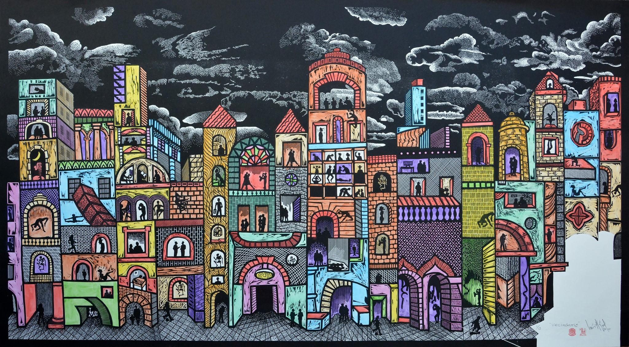 "Neighborhood I" 2020 Paesaggio urbano originale acquerellato e inciso su legno firmato 46x82in colore - Print di Luis Miguel Valdes 