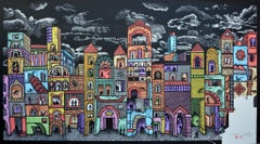 "Barrio I" 2020 Paisaje urbano original en acuarela xilografía firmado 46x82in Color
