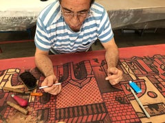 "Neighborhood I" 2020 Paesaggio urbano originale acquerellato e inciso su legno firmato 46x82in colore