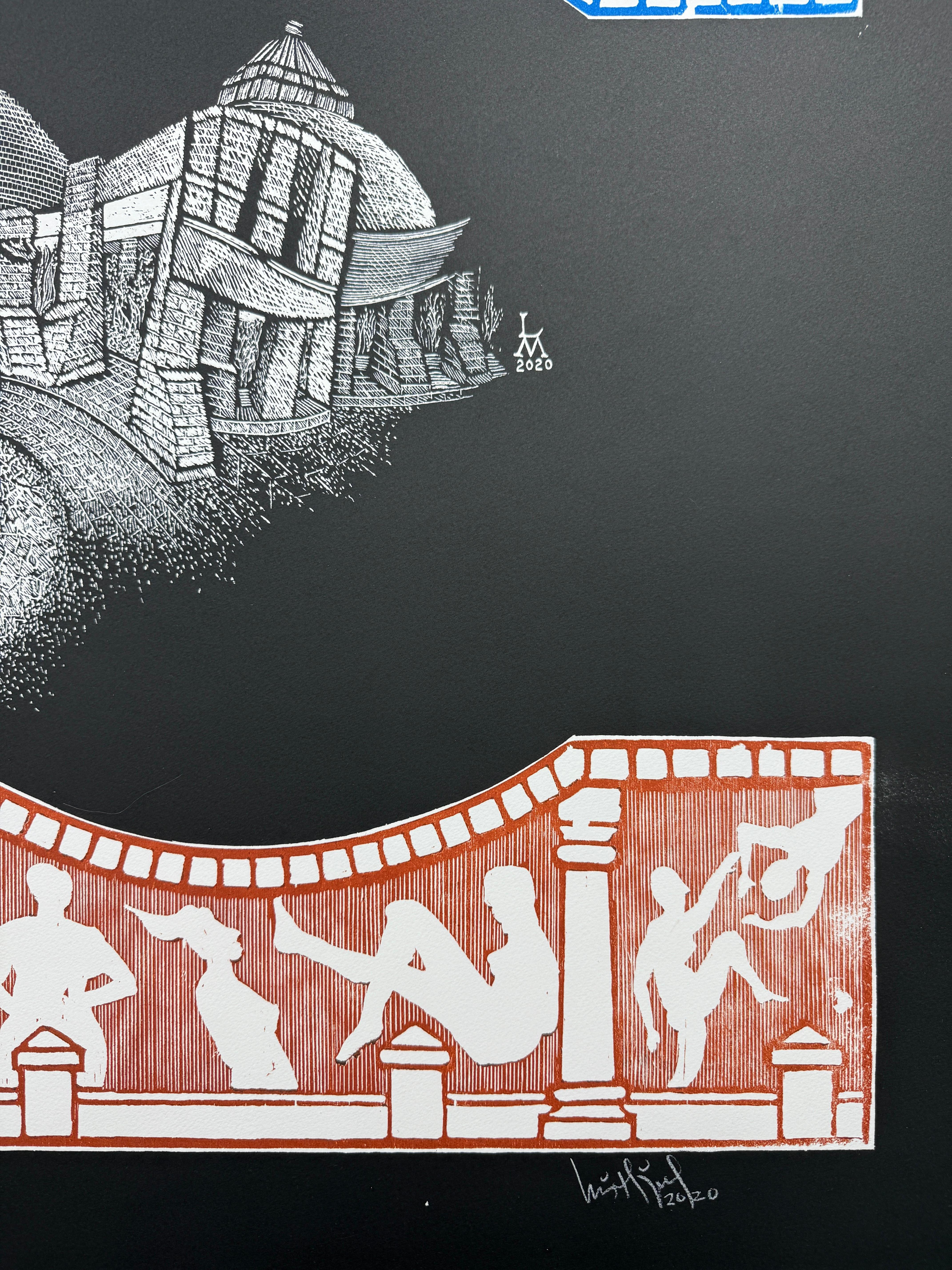 Woodcut 2020 (avec vidéo) imprimé ensemble 36x53in édition limitée - Print de Luis Miguel Valdes 