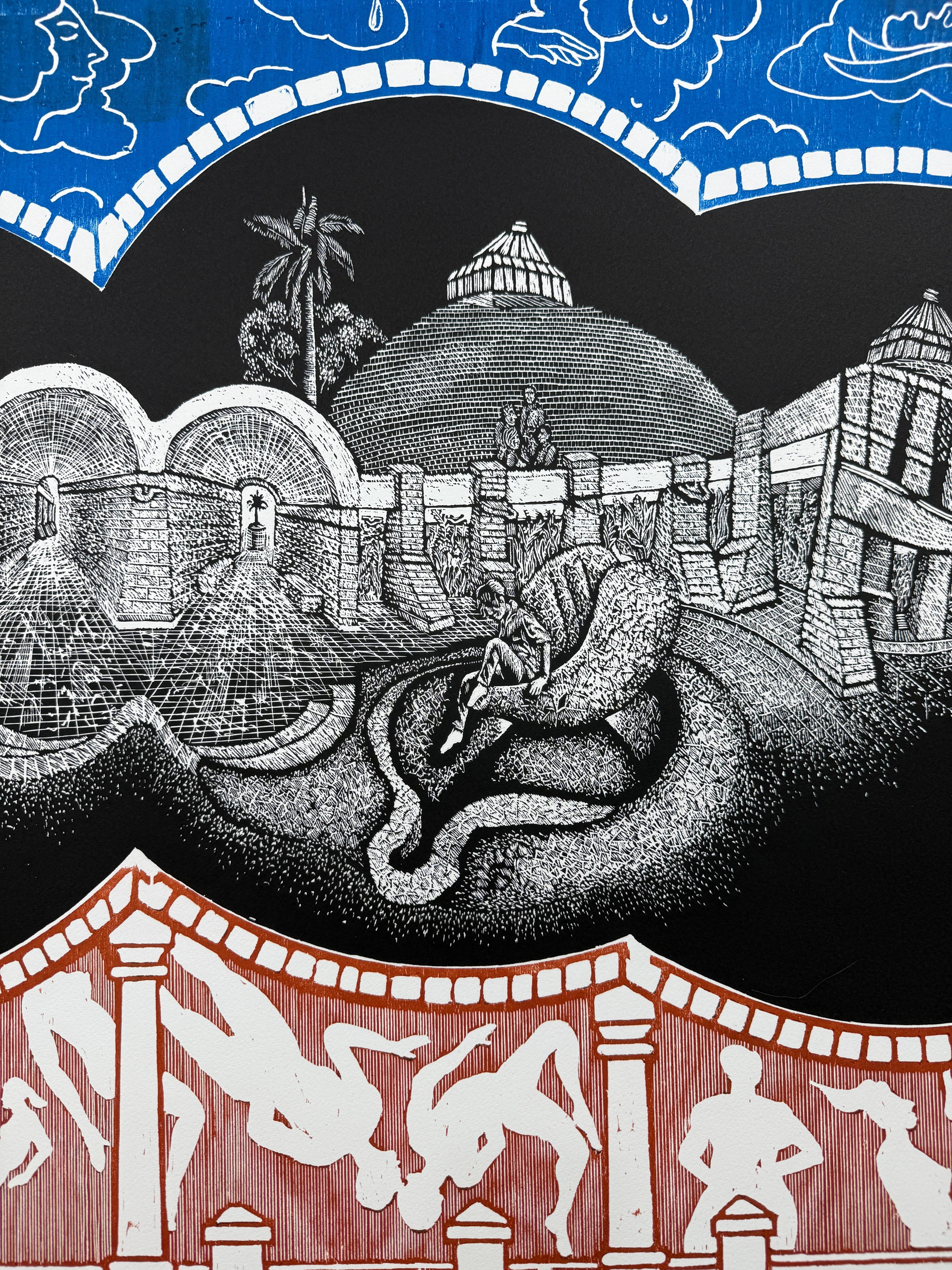 Woodcut 2020 (avec vidéo) imprimé ensemble 36x53in édition limitée - Contemporain Print par Luis Miguel Valdes 
