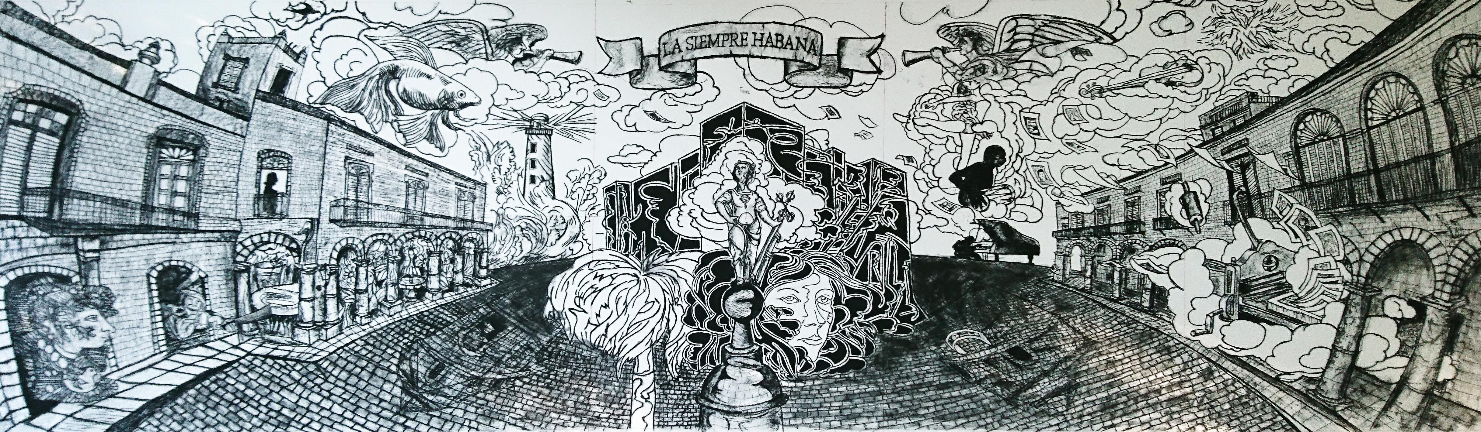 Luis Miguel Valdes, "Symphony Always Havana", 2016, canvas 118x393in