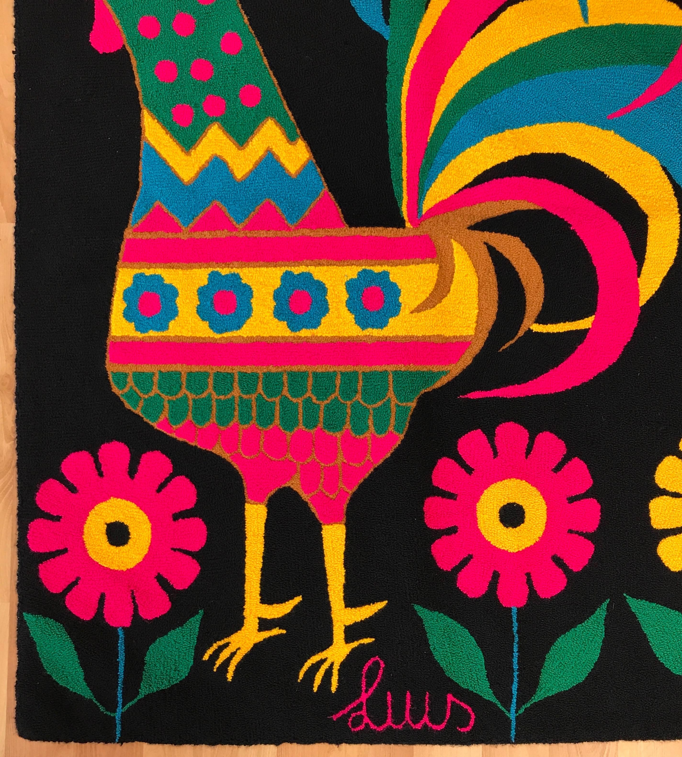 Luis Montiel Bunte und lebendige Midcentury Hahn Wandteppich (Handgeknüpft)