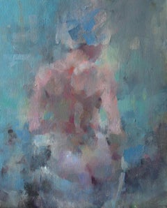 After a Shower -contemporary blue and pink figurative oil on canvas