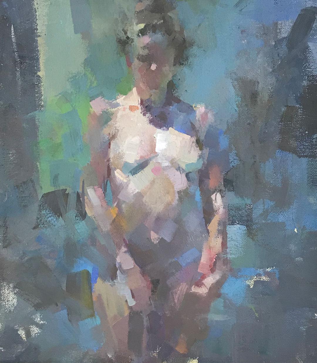 Vera im Sonnenlicht - zeitgenössische blaue und rosa figurative Öl auf Leinwand