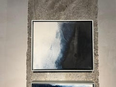 Paysage, huile sur toile avec cadre en aluminium, bleu marine, texture vagues