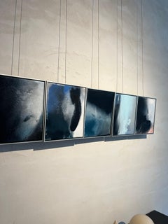 Paesaggio, olio su tela con cornice in alluminio, blu mare, trama delle onde