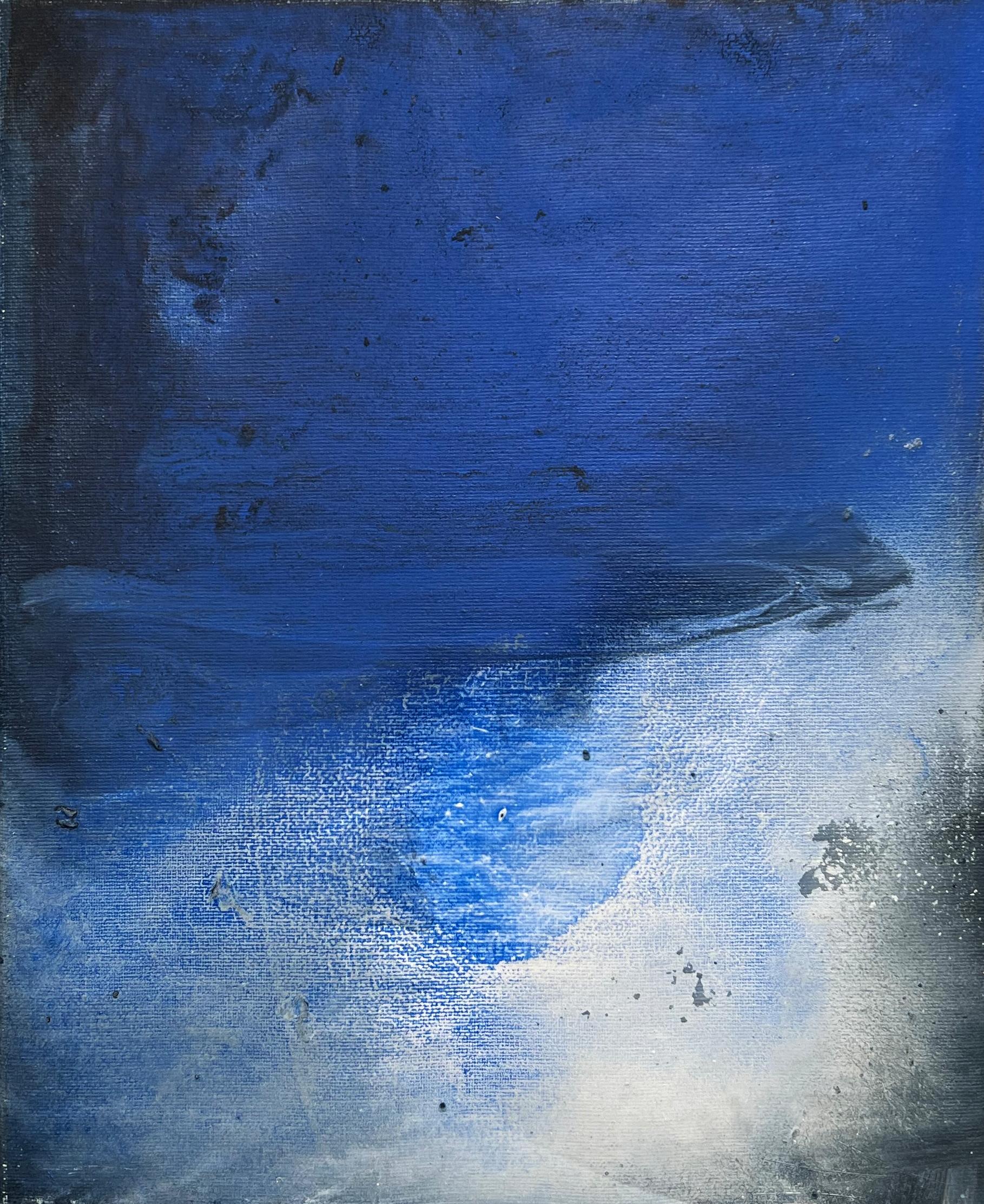 Paysage, huile sur toile avec cadre en aluminium, bleu marine, texture vagues
