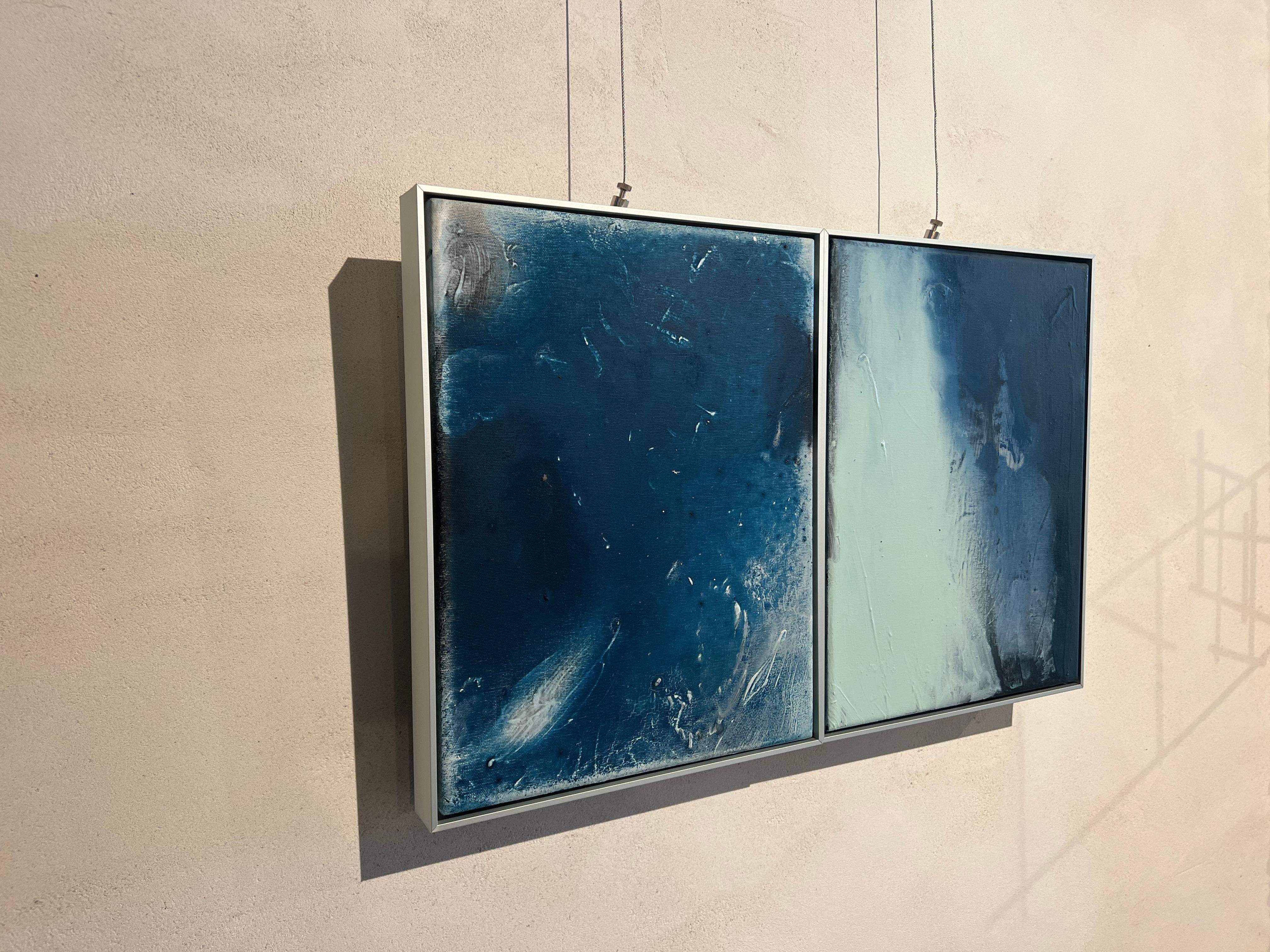 Greene & Greene sur toile, huile, bleu, tons froids, vert, marée, pièce originale. - Painting de Luis Moscardó