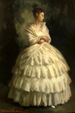 Elegance - Ritratto di donna ad olio, arte figurativa romantica spagnola