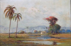 Luis Núñez Borda (1872-1970). Rara pintura al óleo de un paisaje colombiano de mediados de siglo.
