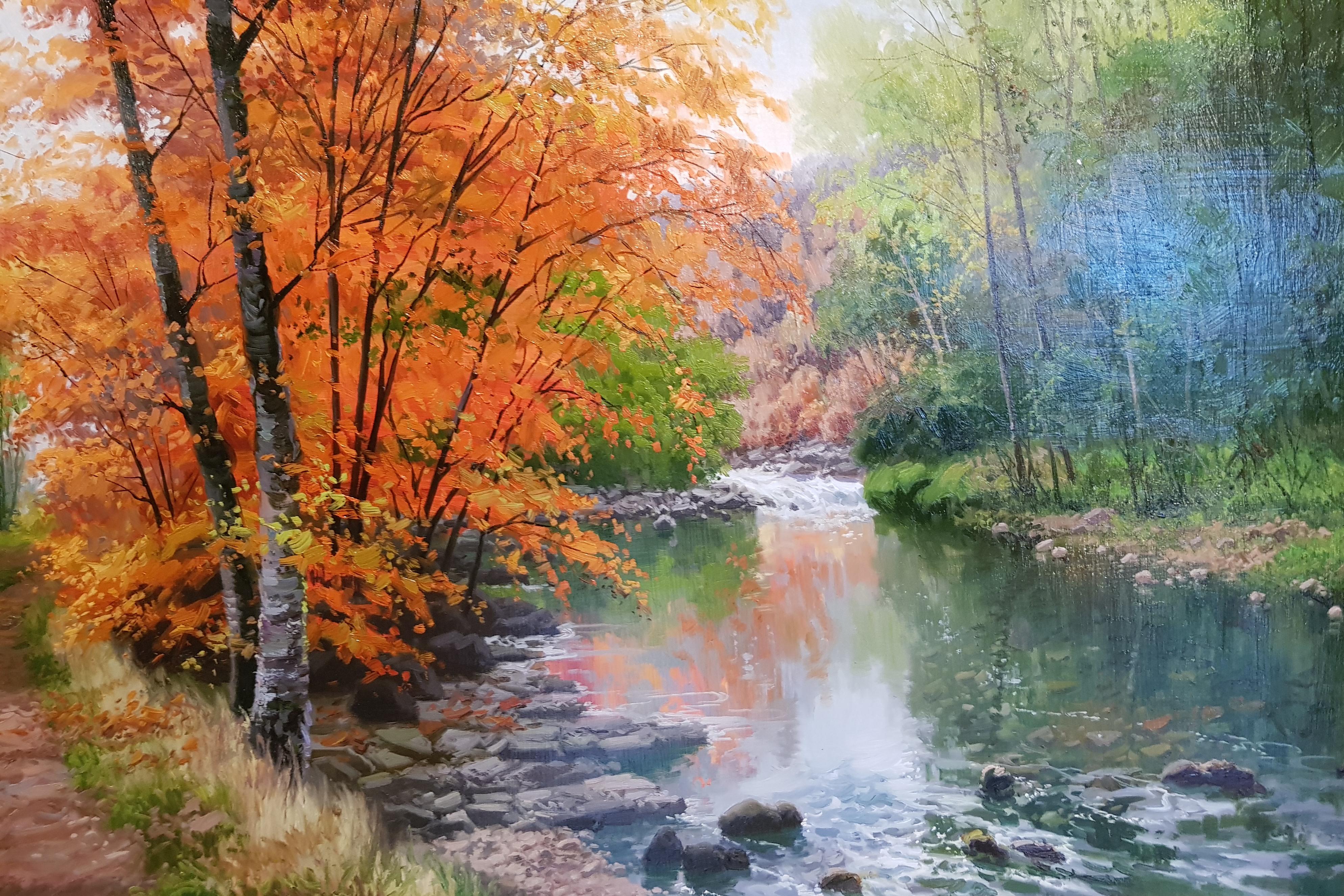 Contemporary Realist Orange Landscape painting 'Autumn Woodland' Trees, River  - Painting by Luis Pardo