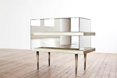 Set of 2 Contemporary Mirrored Nightstands with Champagne Moldings Handles