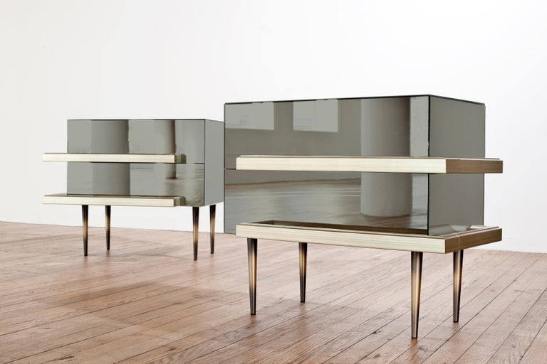 Contemporary Mirrored Nightstands with Champagne Moldings Handles by