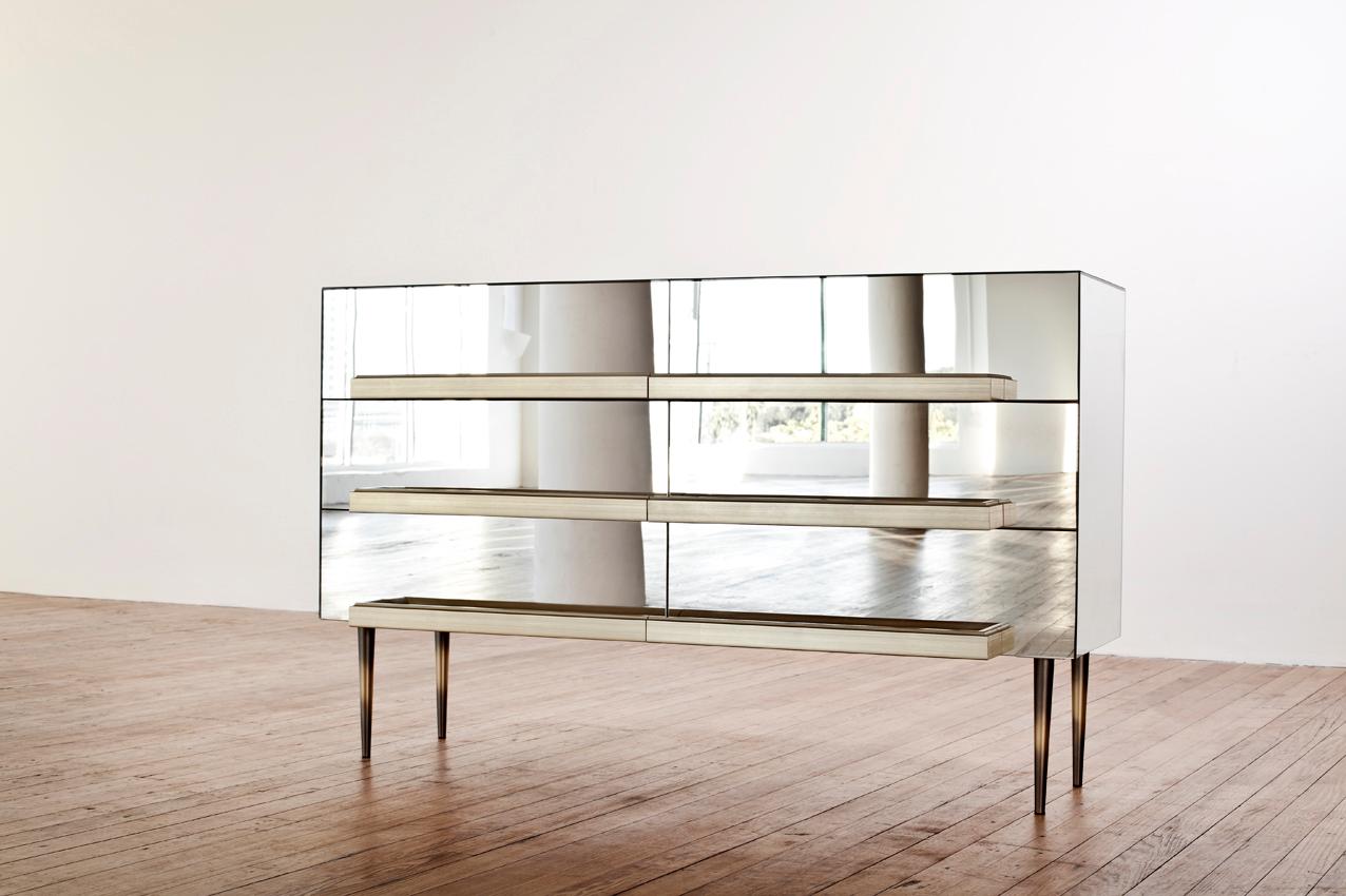 Contemporary Blue Mirrored Credenza with Champagne Molding Handles by Luis Pons In New Condition For Sale In Miami, FL