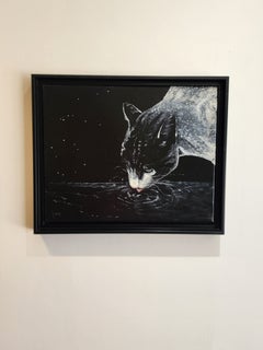 Aquarius Acrylic Painting, Minimalist Cat Reflection, 16x20 Inches