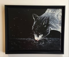 Aquarius Acrylic Painting, Minimalist Cat Reflection, 16x20 Inches
