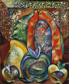 Nature morte à la papaye, peinture populaire latine à l'acrylique signée par Luis Riera