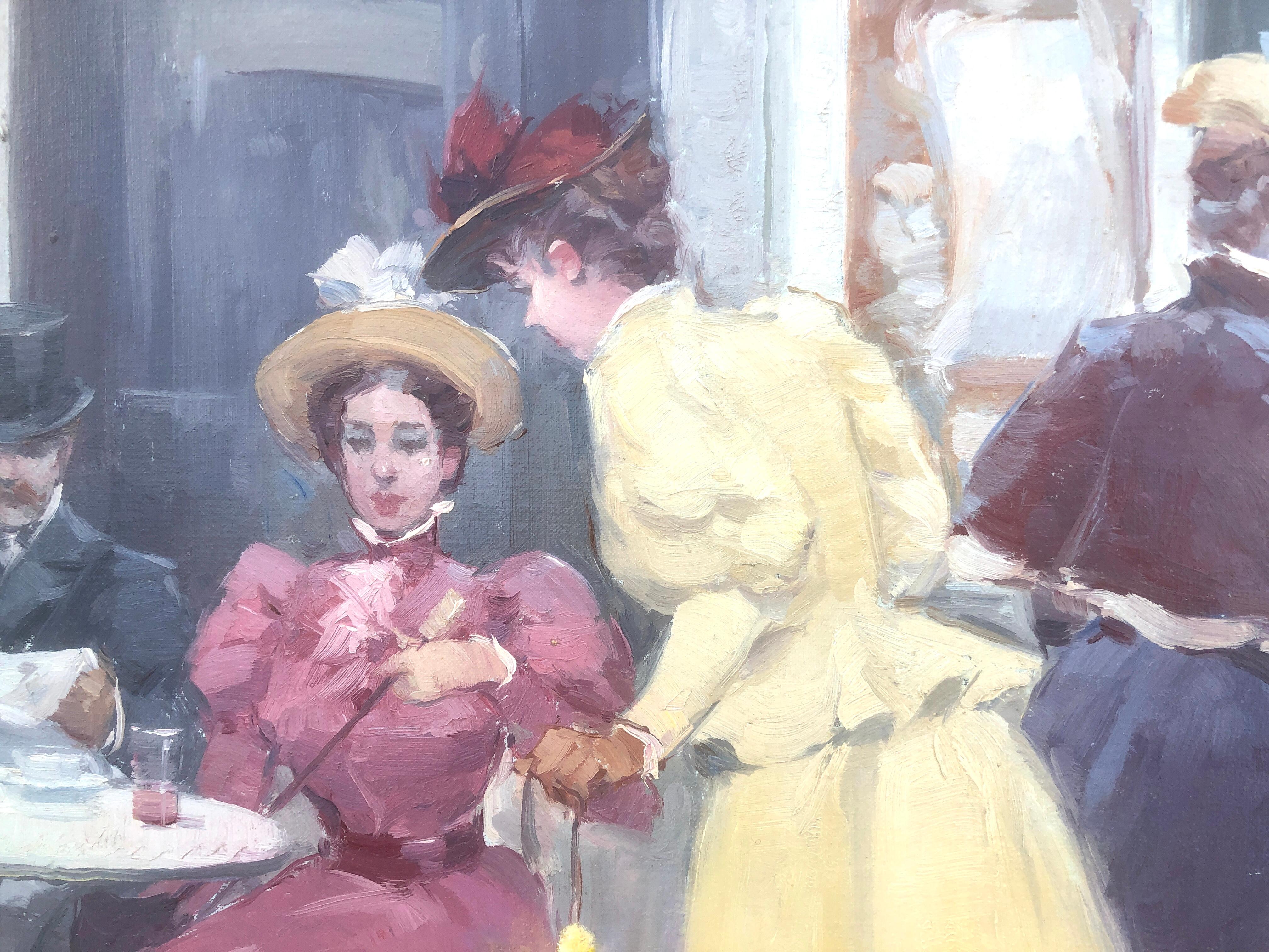 Frameless.

Luis Sagasta, an Impressionist Spanish painter, chose as his subjects scenes of the wealthy, such as racecourses and richly-dressed ladies and gentlemen in park settings. Sagasta shared studio space for years with fellow Spanish painter