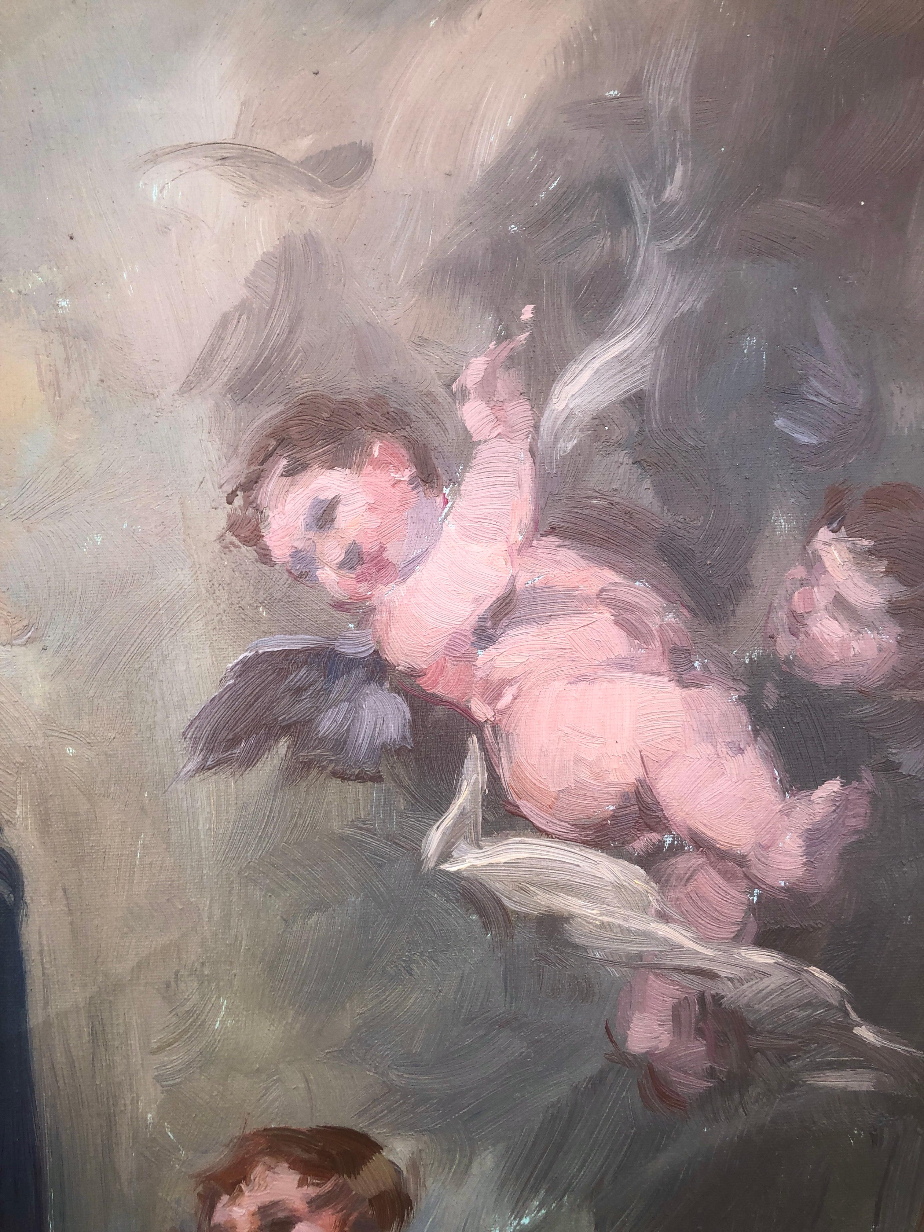 The Virgin Mary oil on canvas painting - Gray Figurative Painting by Luis Sagasta