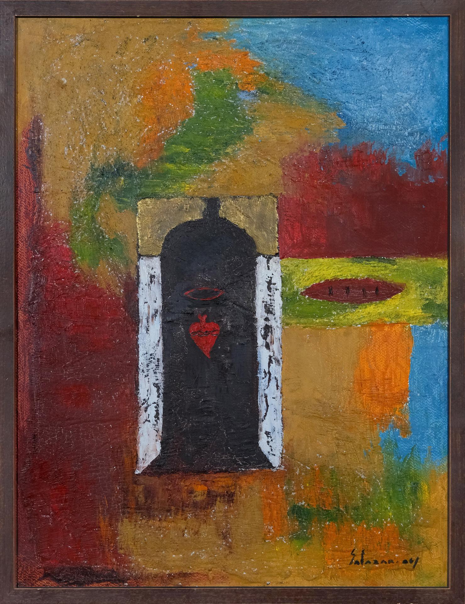 Luis Salazar Interior Painting -  Open Door to the Heart  Oil on Paper  Mixed Media  Ecuador Framed  Quito