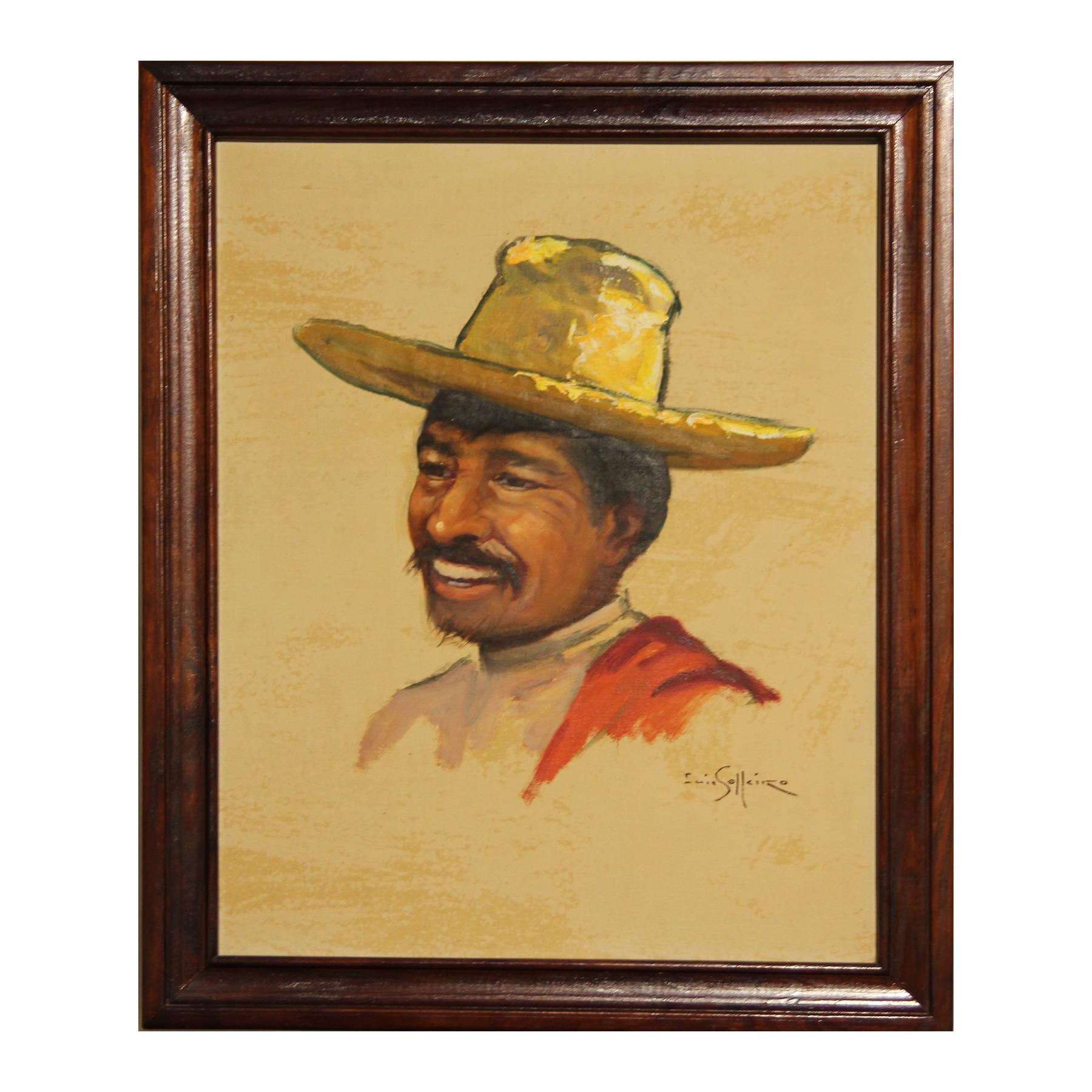 Luis Solleiro  Portrait Painting - Abstract Spanish Yellow, Brown, and Red Portrait of a Man in Sombrero Painting