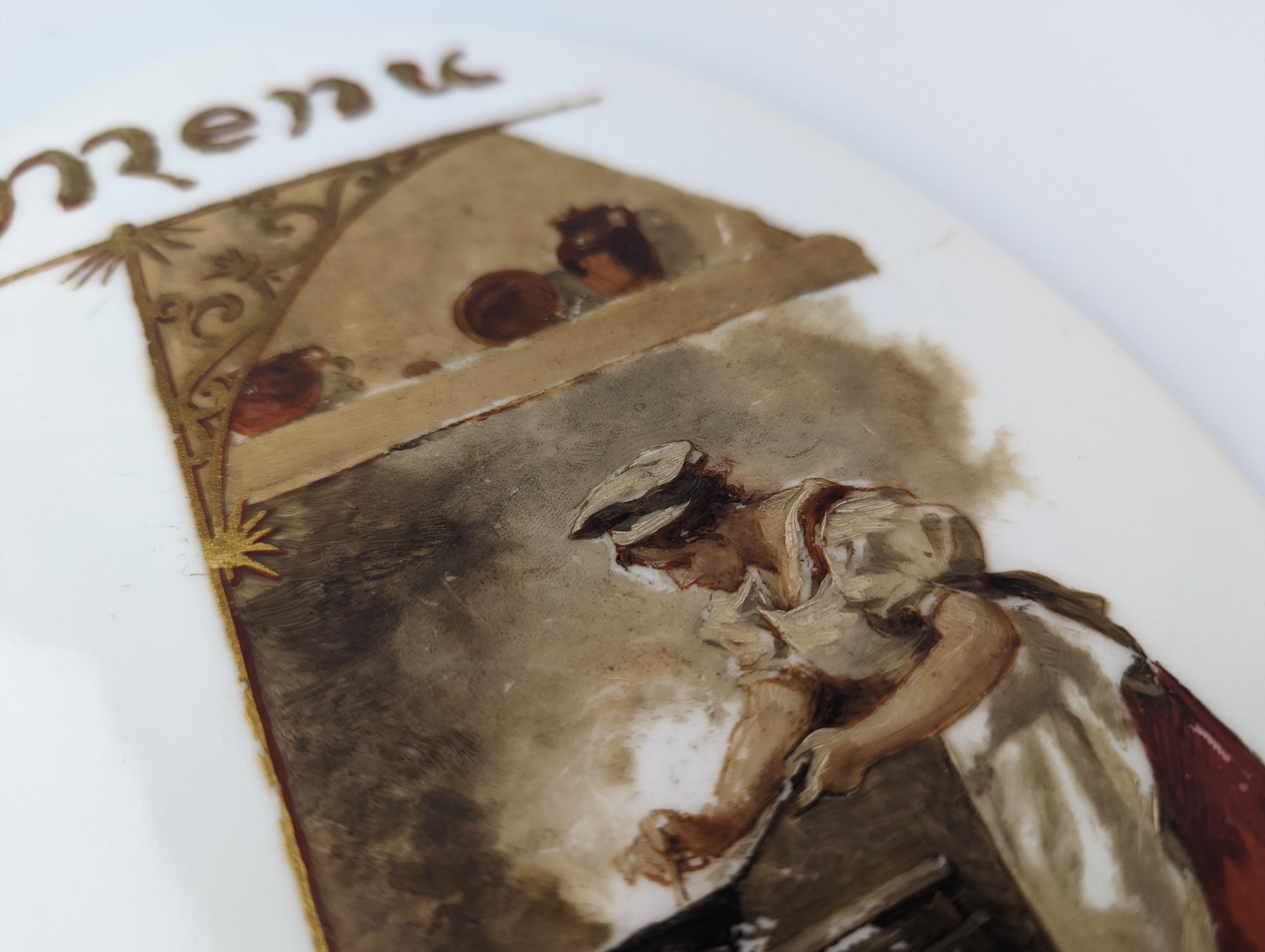 Ein wunderbares Werk des großen Meisters Luis Taberner y Montalvo (1844-1900). Dieses Öl auf Porzellan ist eines der letzten Werke des Madrider Künstlers, das nur vier Jahre vor seinem Tod entstand. Es zeichnet sich durch seine Qualität, seine