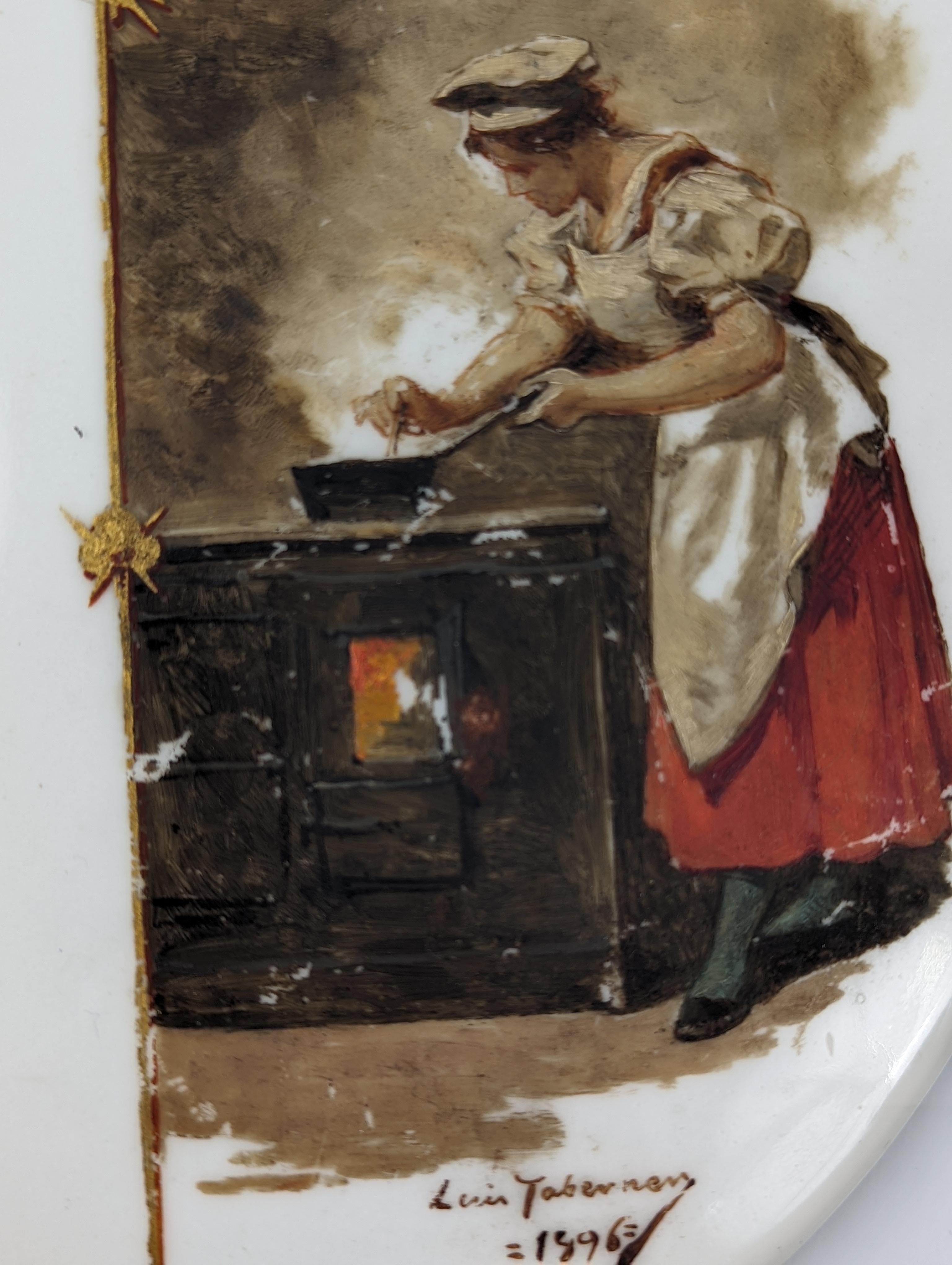 Luis Taberner Öl auf Porzellan Speisekarte Plaque Realist Spanien 1896 (Handbemalt) im Angebot