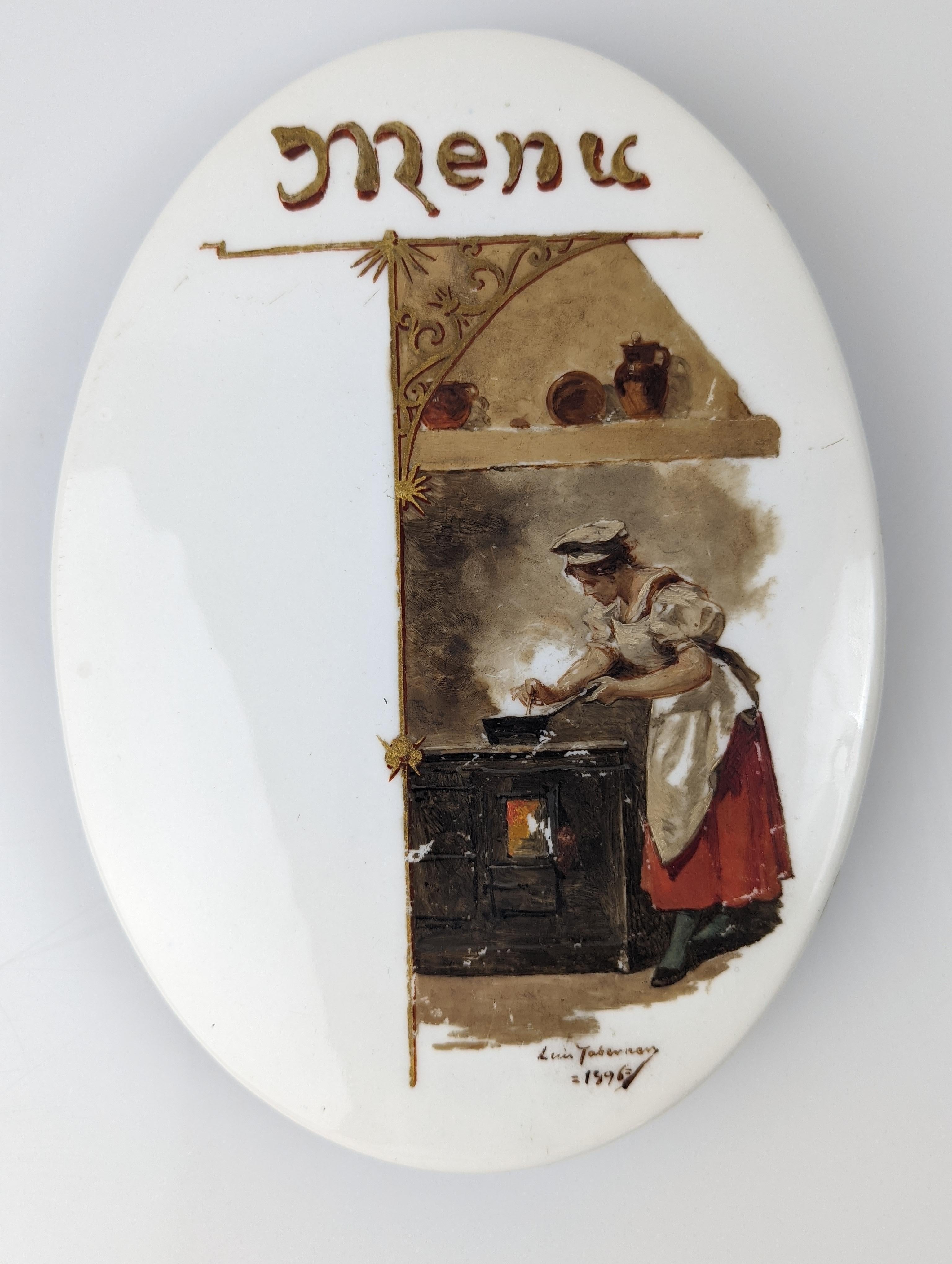 Luis Taberner Öl auf Porzellan Speisekarte Plaque Realist Spanien 1896 im Angebot 1
