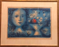 Litografía surrealista española-catalana: retrato de una niña con un bodegón de frutas