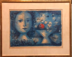 Spanish Catalan Surrealist Lithograph Portrait Girl with Fruit Still Life 