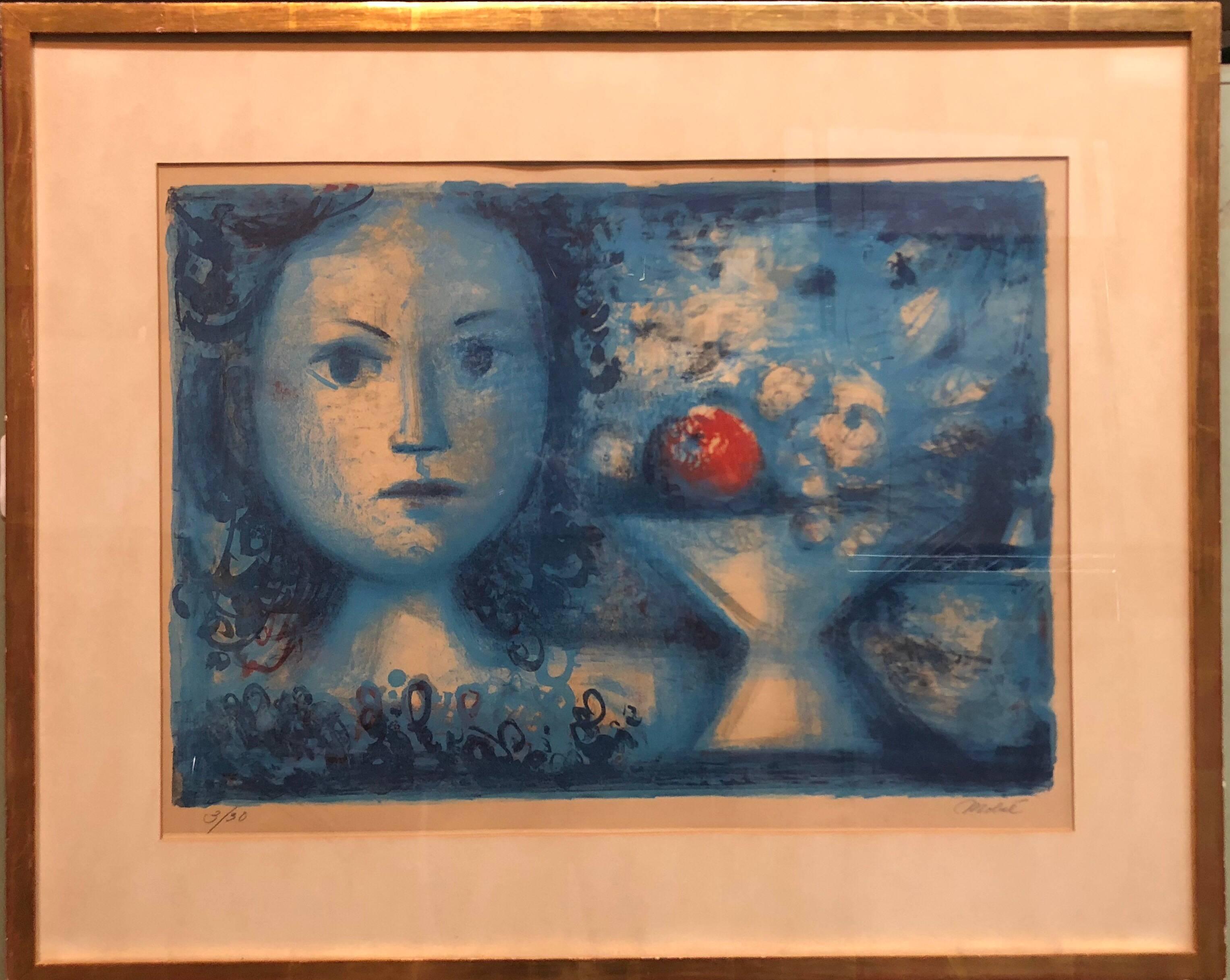 Luis Vidal Molné Figurative Print - Spanish Catalan Surrealist Lithograph Portrait Girl with Fruit Still Life