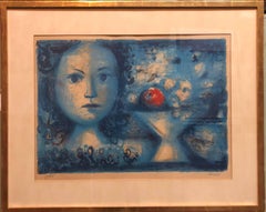 Litografía surrealista española-catalana: retrato de una niña con un bodegón de frutas