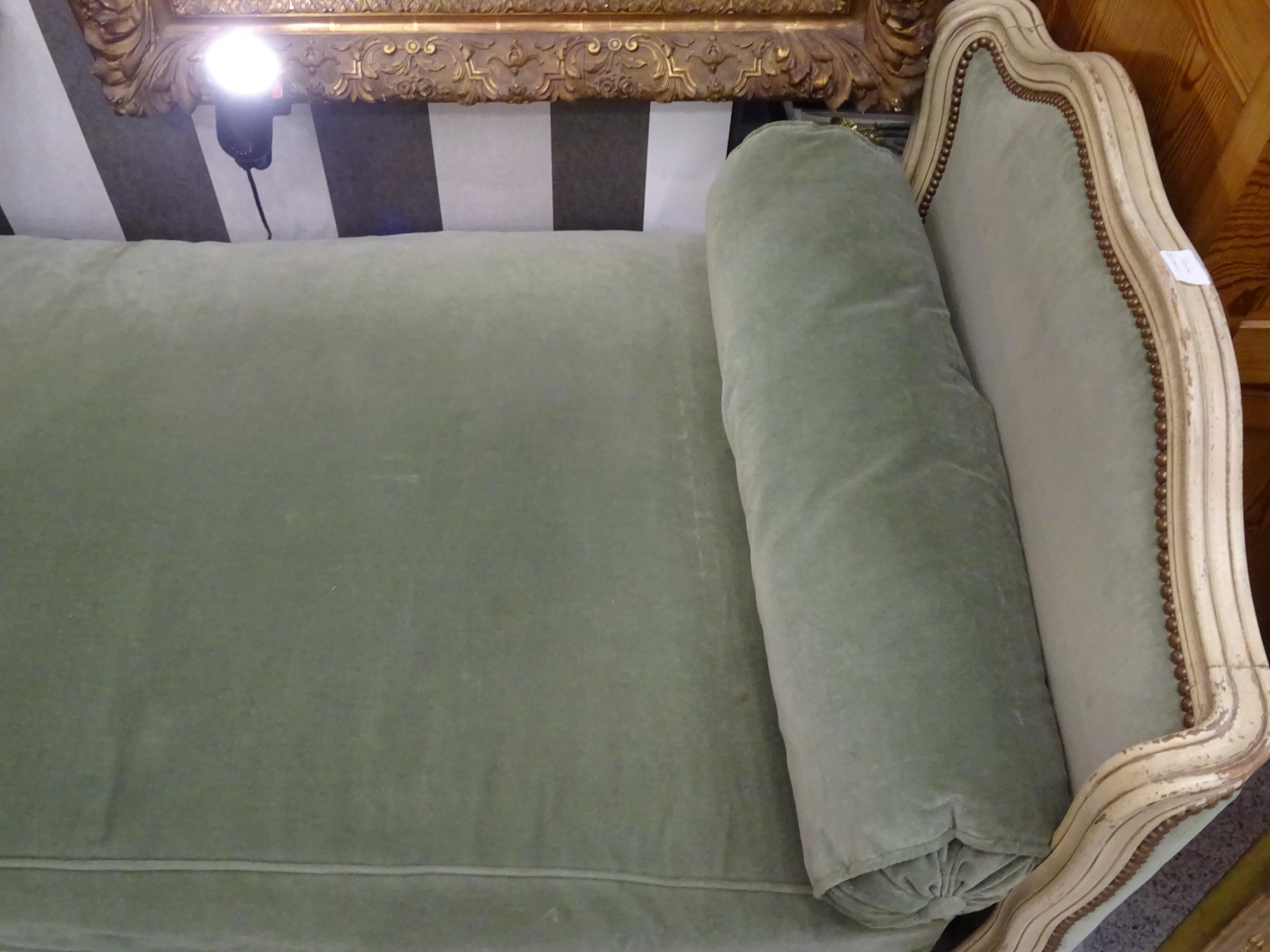 Luis XV Style French Off-White Lacquered Wood, Soft Green Velvet Fabric Daybed 2
