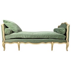 Vintage Luis XV Style French Off-White Lacquered Wood, Soft Green Velvet Fabric Daybed