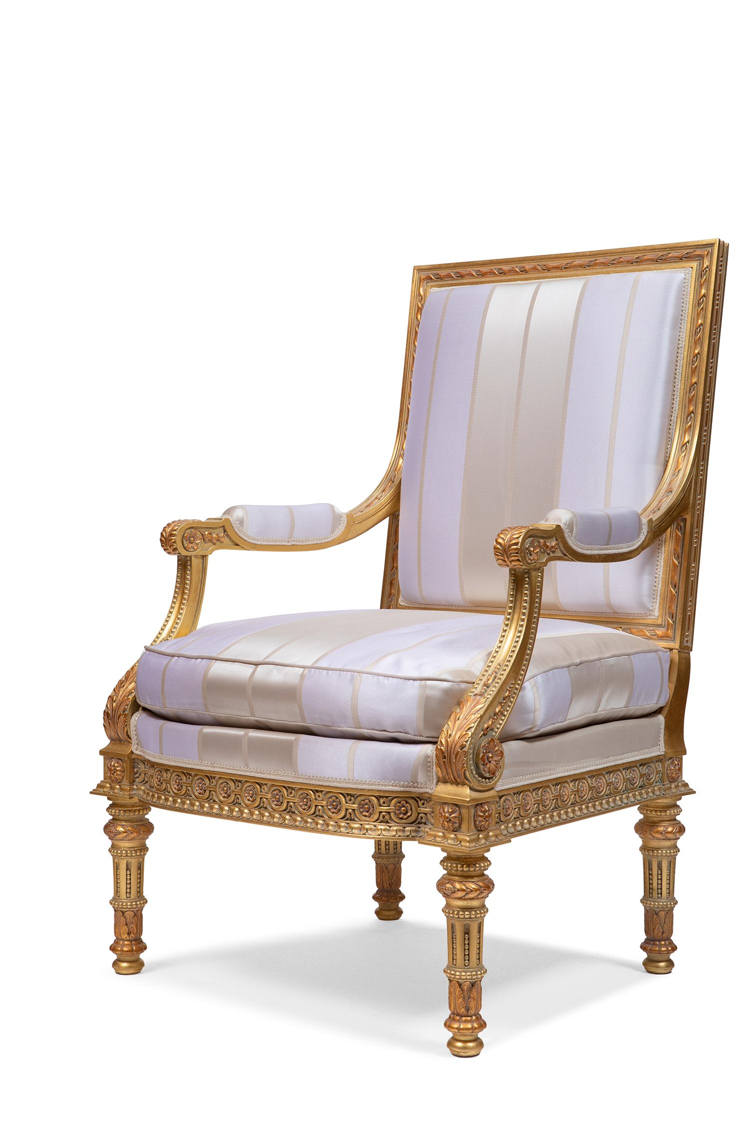 LSXVI style inspired armchair. The first one was designed and made probably at the end of 1800, but it is still in current classical Belloni production.
Wood frame finely hand carved in Italy. Proposed in gold leaf finishing, but available in other