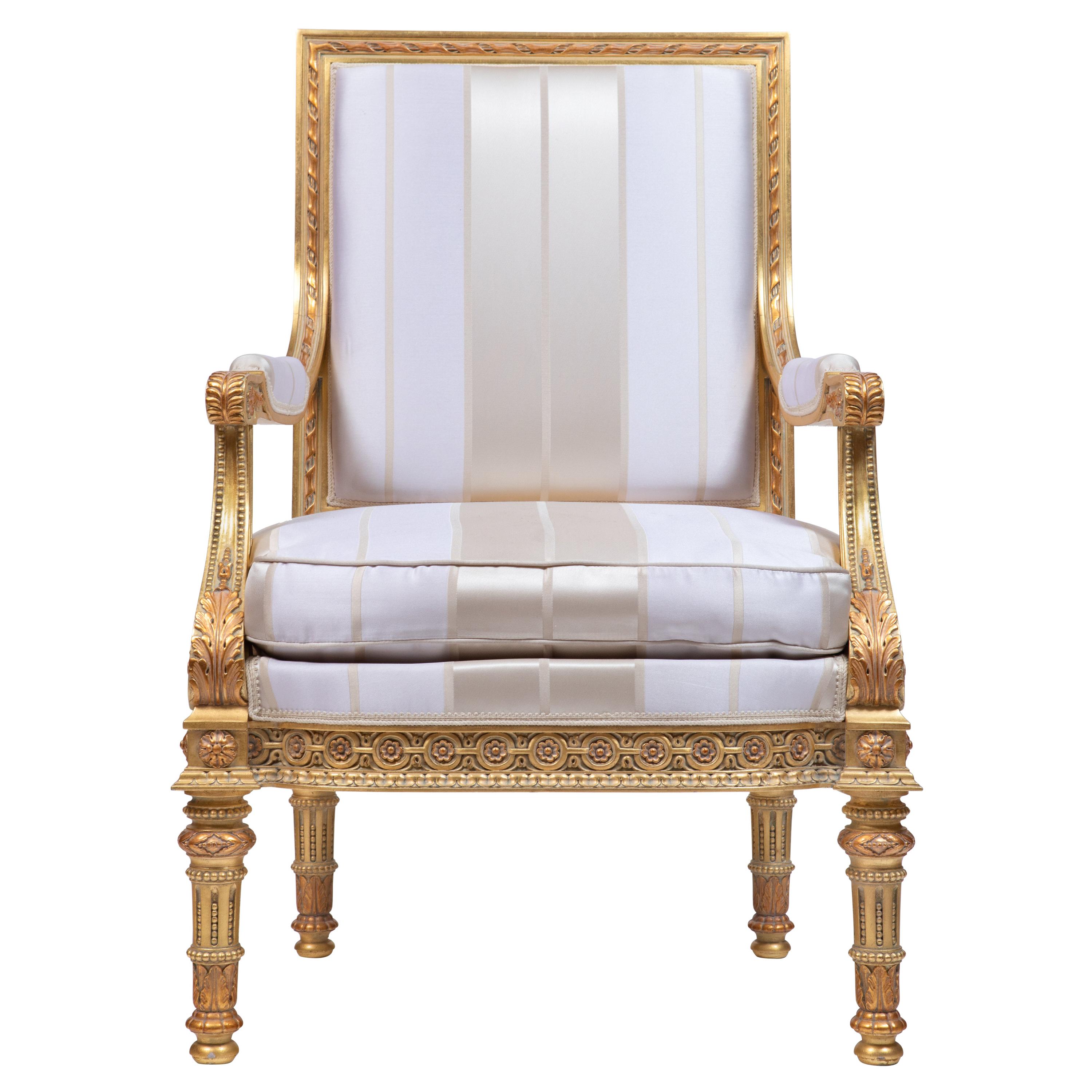 Luis XVI Armchair, Wood Frame Hand Carved, Gold Leaf Finishing, Made in Italy