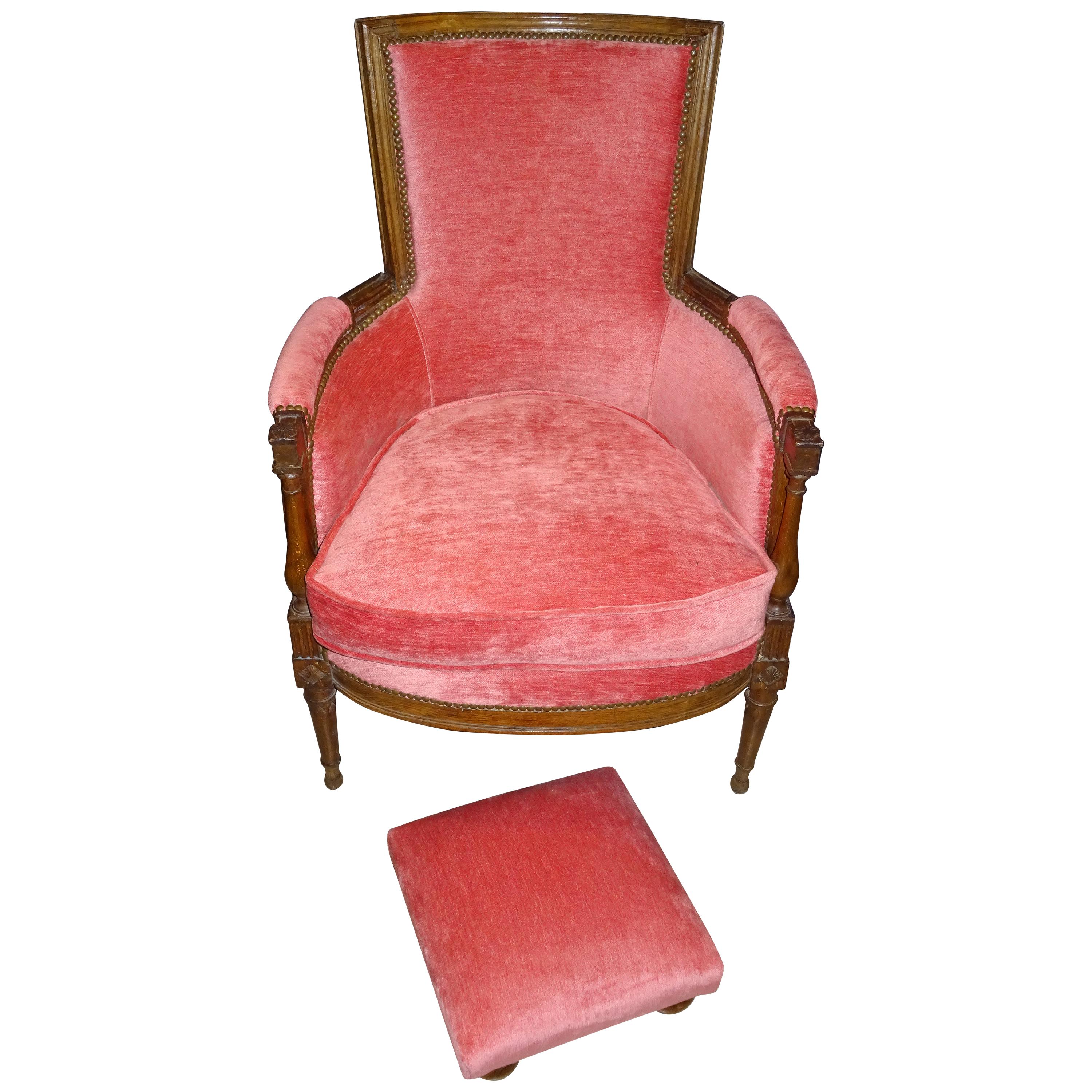 Luis xvi French Walnut Wood and Pink Velvet Bergere Chair, circa 1790