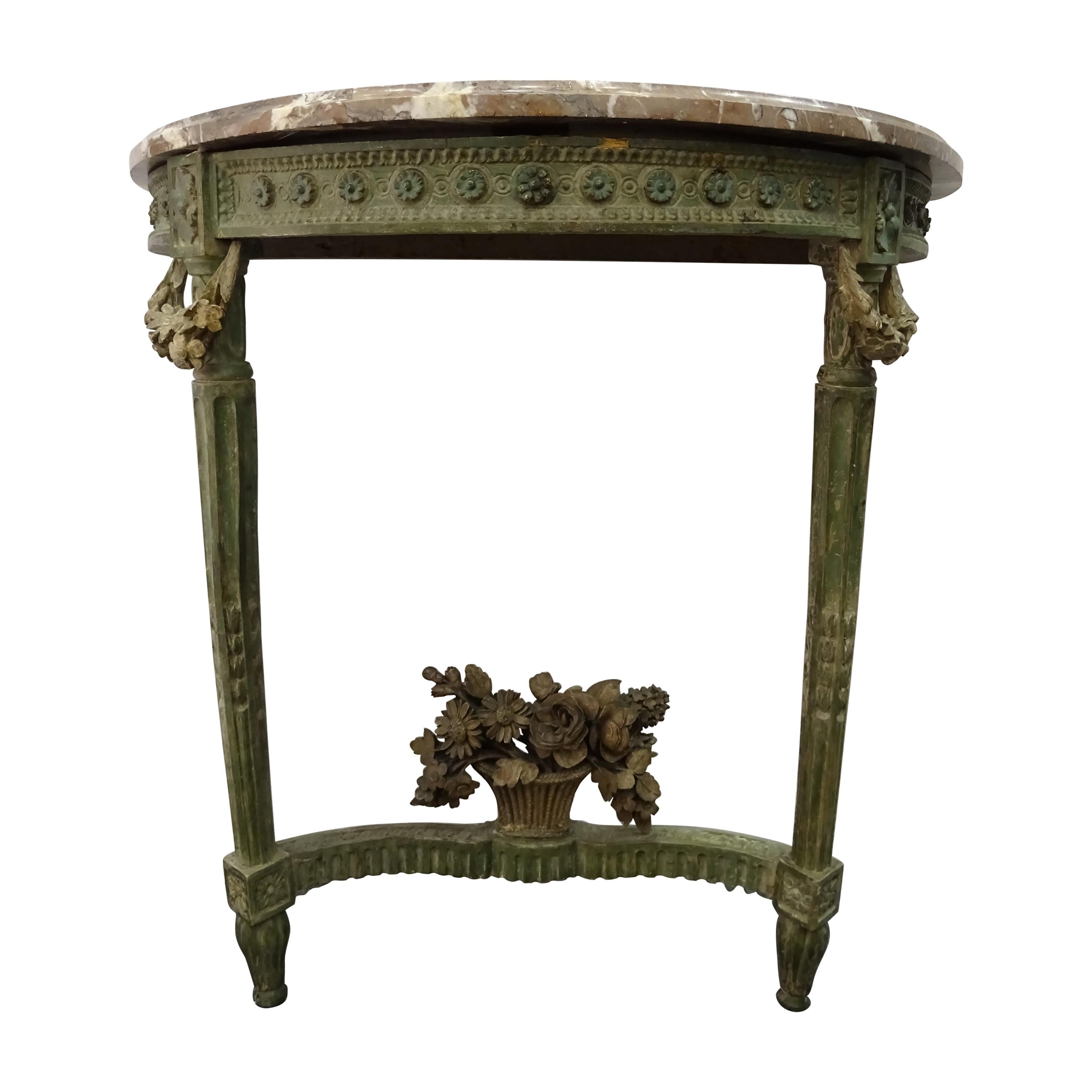 Luis XVI Green French Demilune Floral Carved Wood and Marble Console, 1798